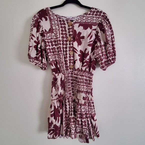 Olivaceous Smocked Elastic Waist Maroon Floral Boho Mini Dress Size S - Picture 1 of 11